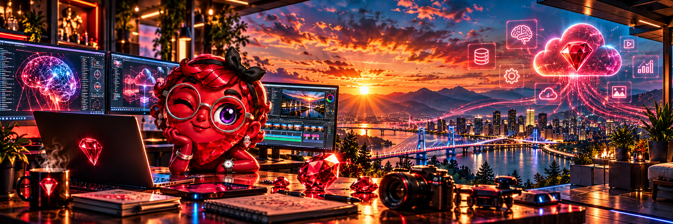 RubyIQ mascot and intelligent cloud engineering scene